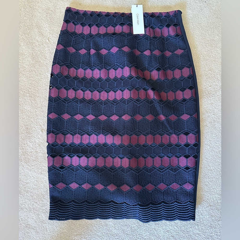 Calvin Klein Navy and Pink Textured Pencil Skirt